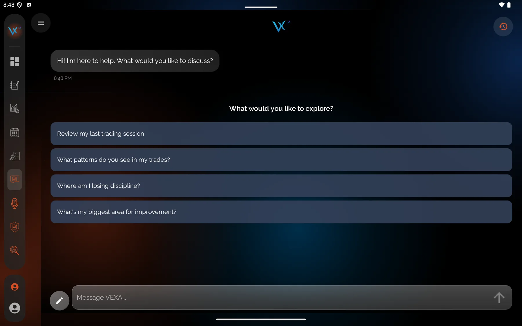 VEXA Chat, answering from your own trades — Android tablet