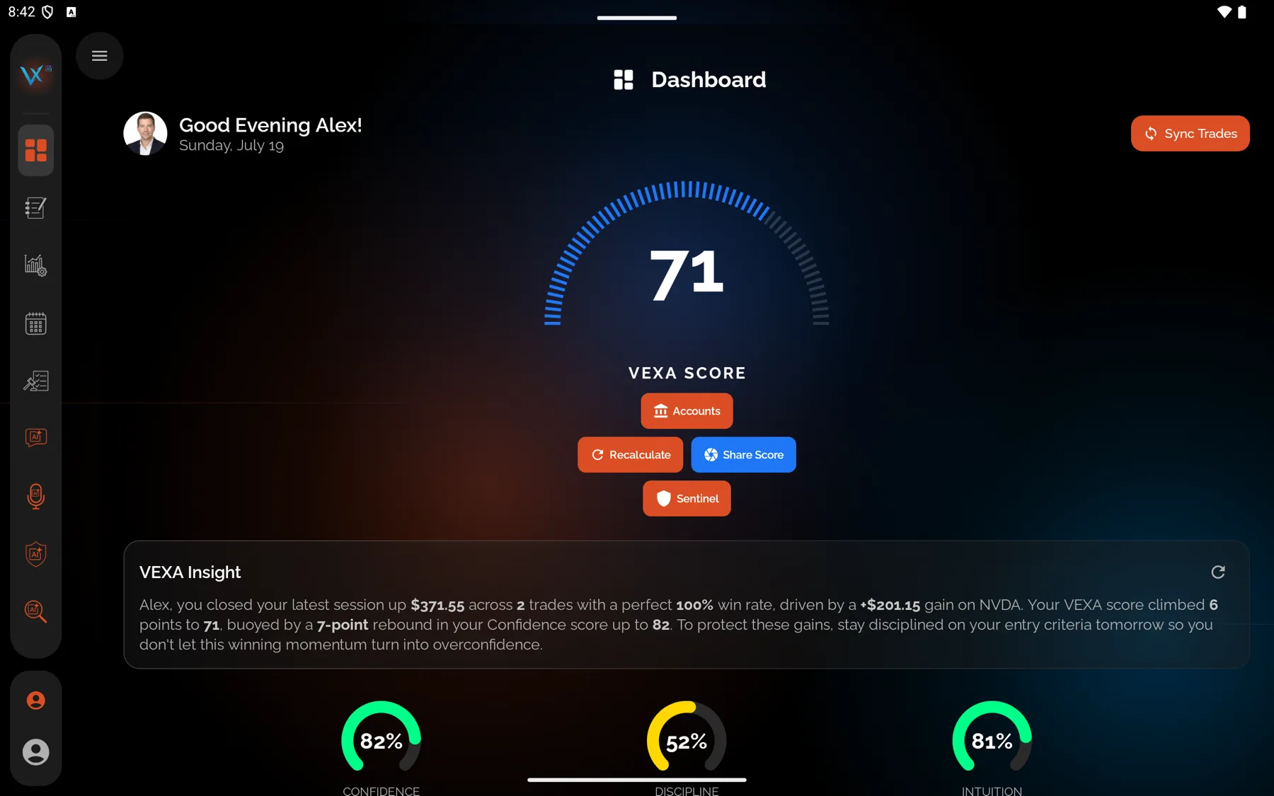 The dashboard, with the VEXA Score and today's summary — Android tablet