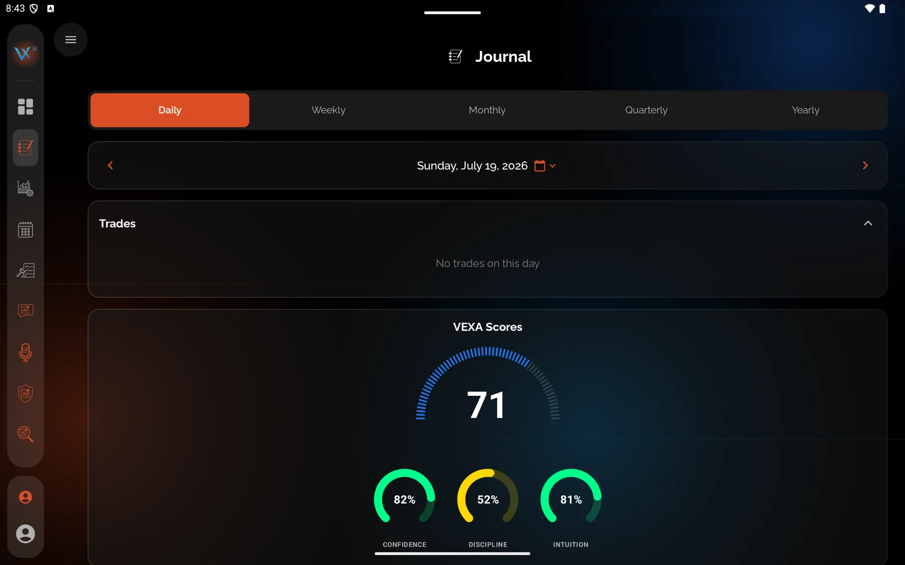 The journal, one entry per trading day — Android tablet