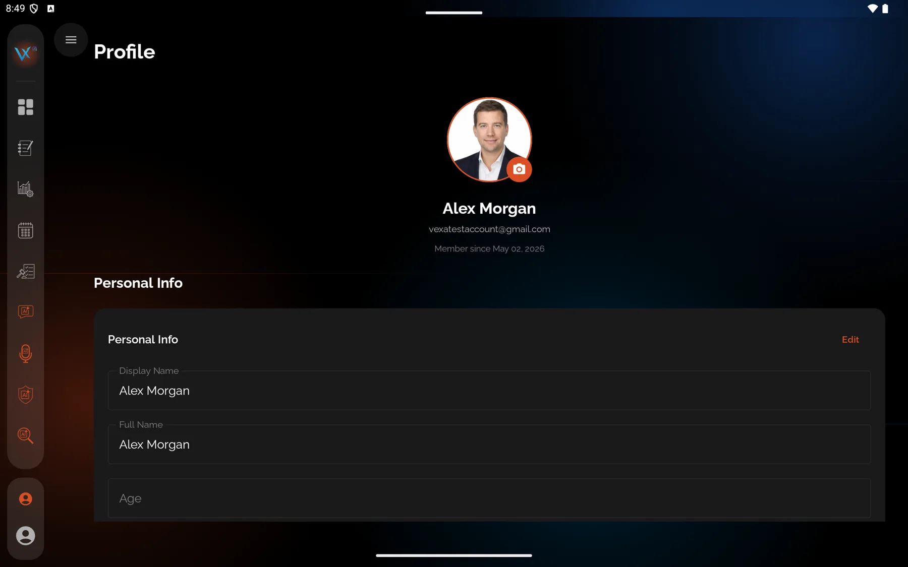 Profile, and the settings section inside it — Android tablet