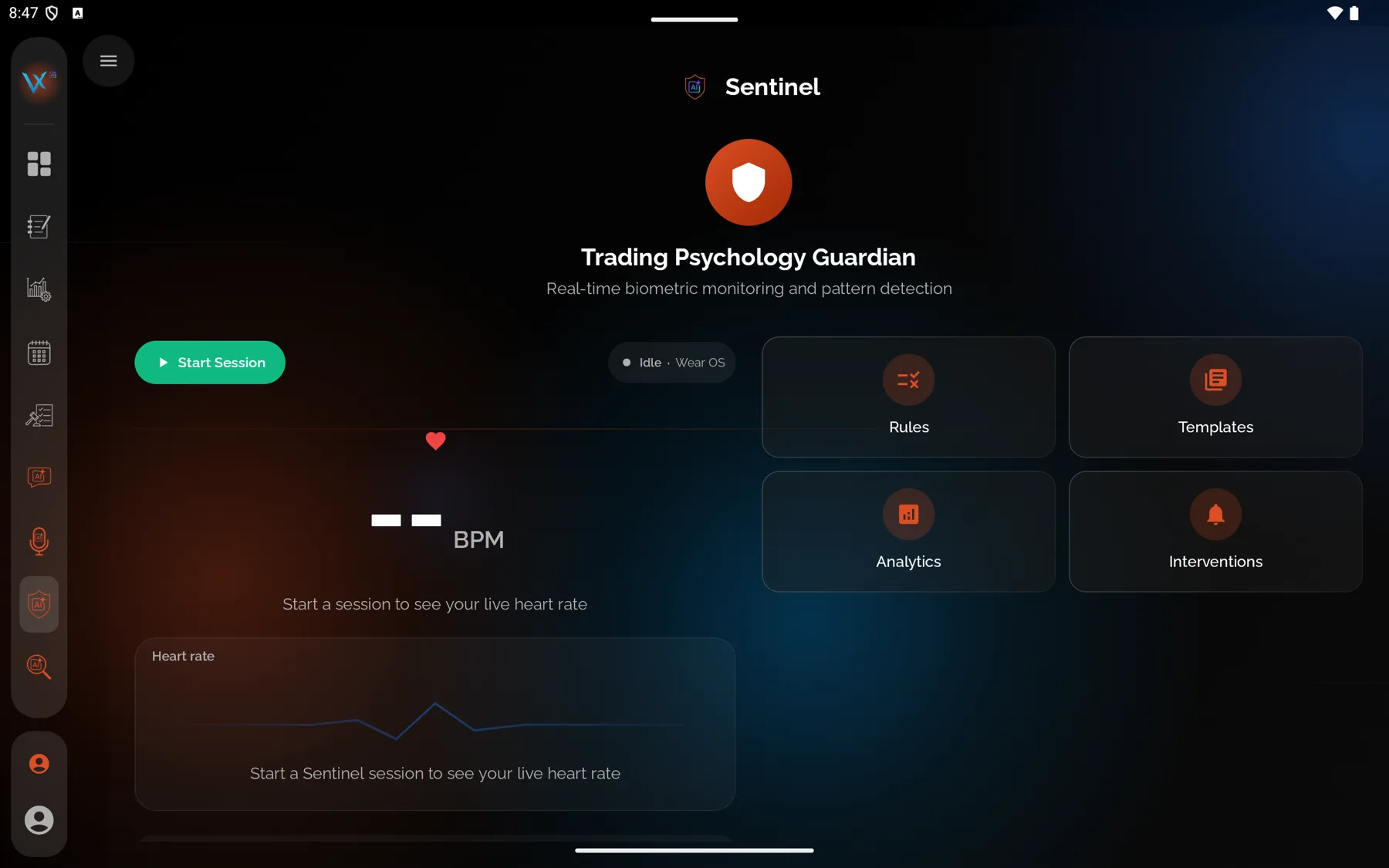Sentinel, with session state and bio-stress — Android tablet