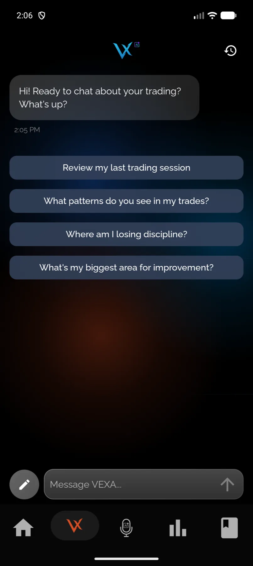 VEXA Chat, answering from your own trades — Android