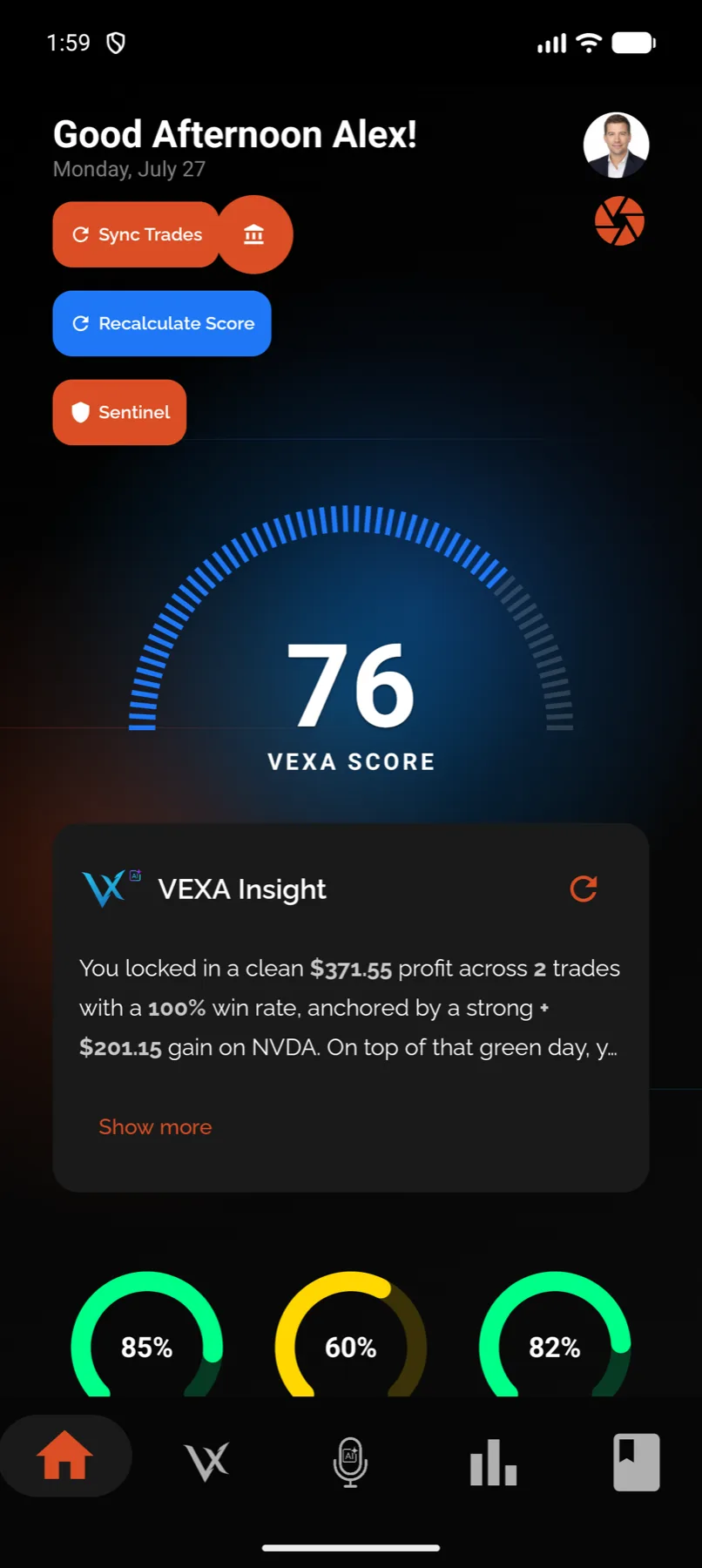 The dashboard, with the VEXA Score and today's summary — Android