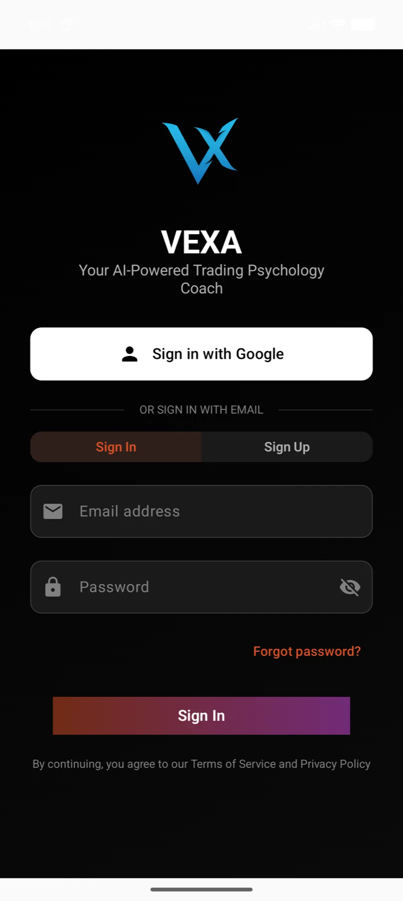 The sign-in screen — Android