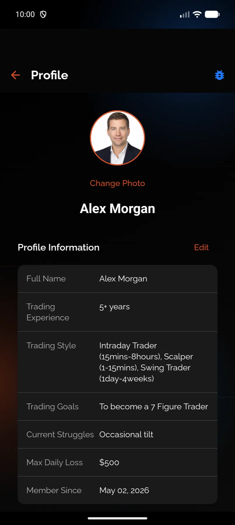 Profile, and the settings section inside it — Android