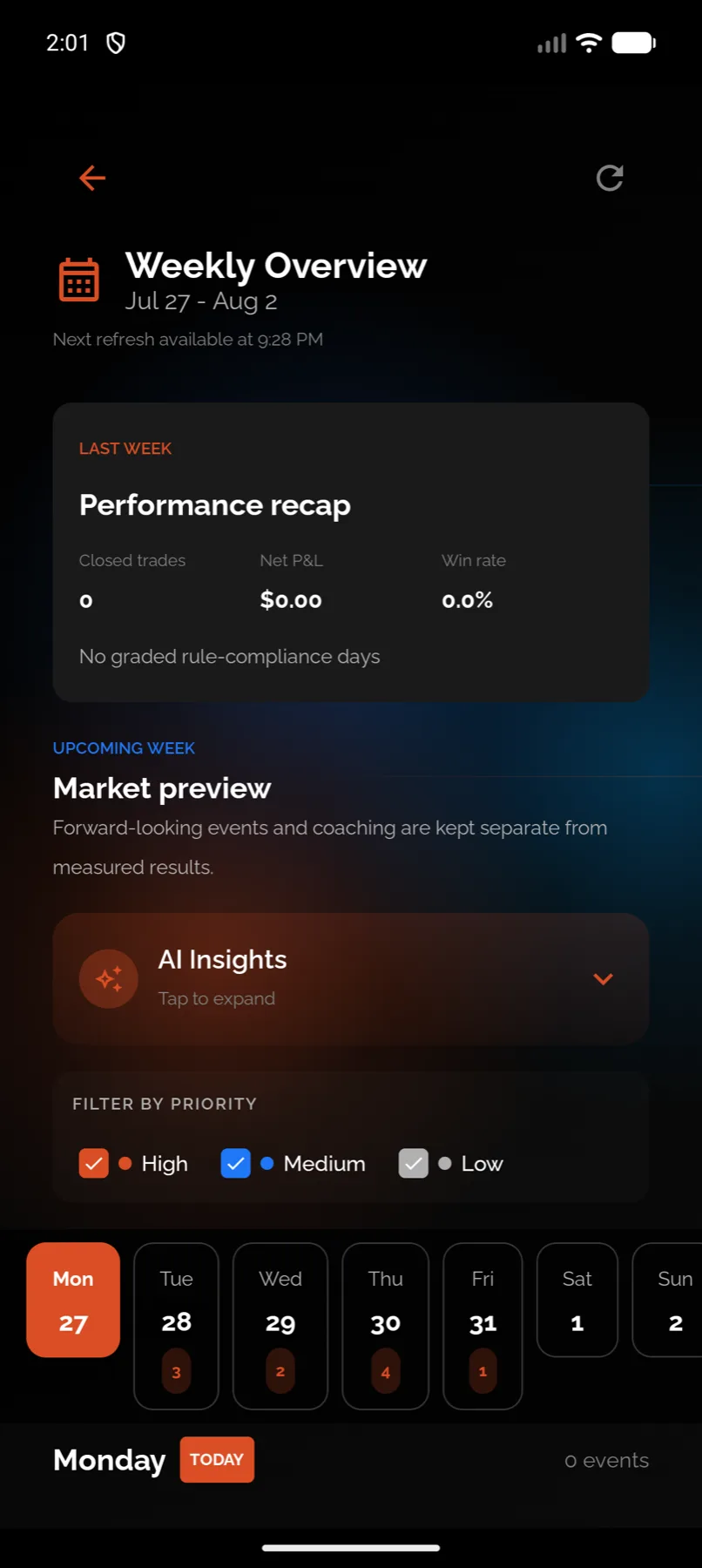 The calendar, coloured by each day's net result — Android