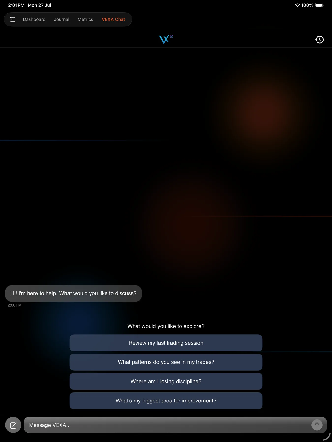 VEXA Chat, answering from your own trades — iPad