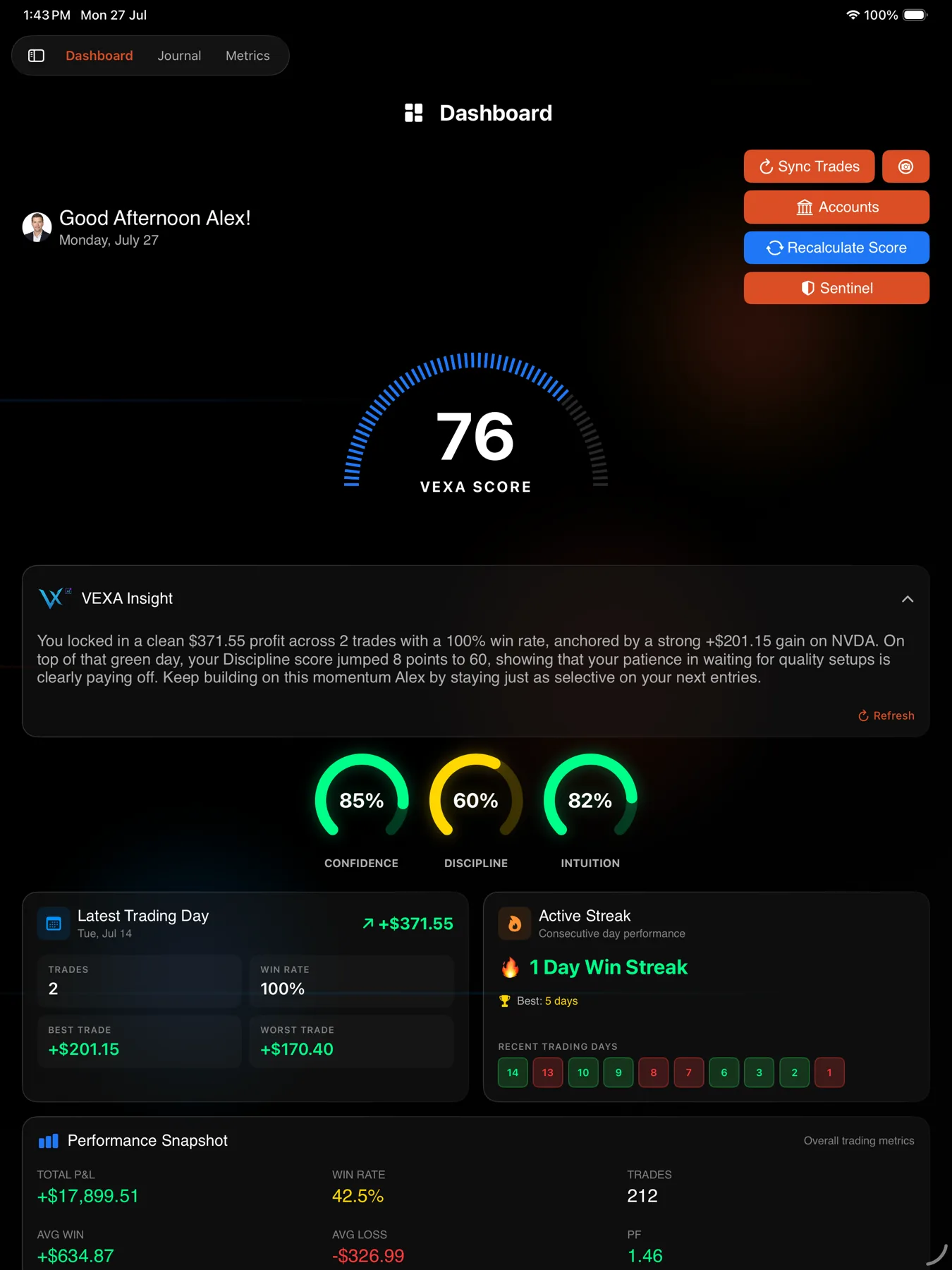 The dashboard, with the VEXA Score and today's summary — iPad