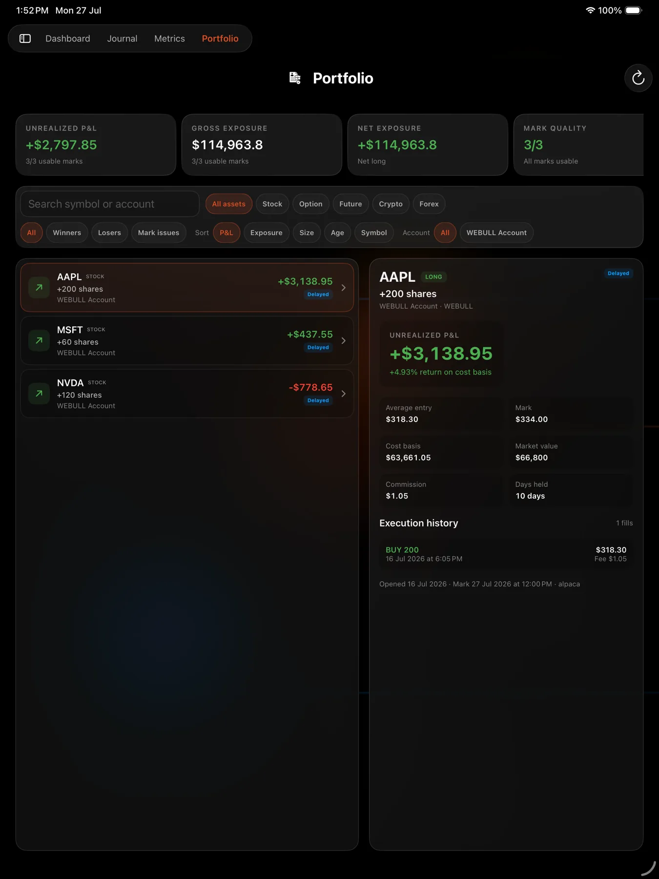 Open positions with their mark status — iPad