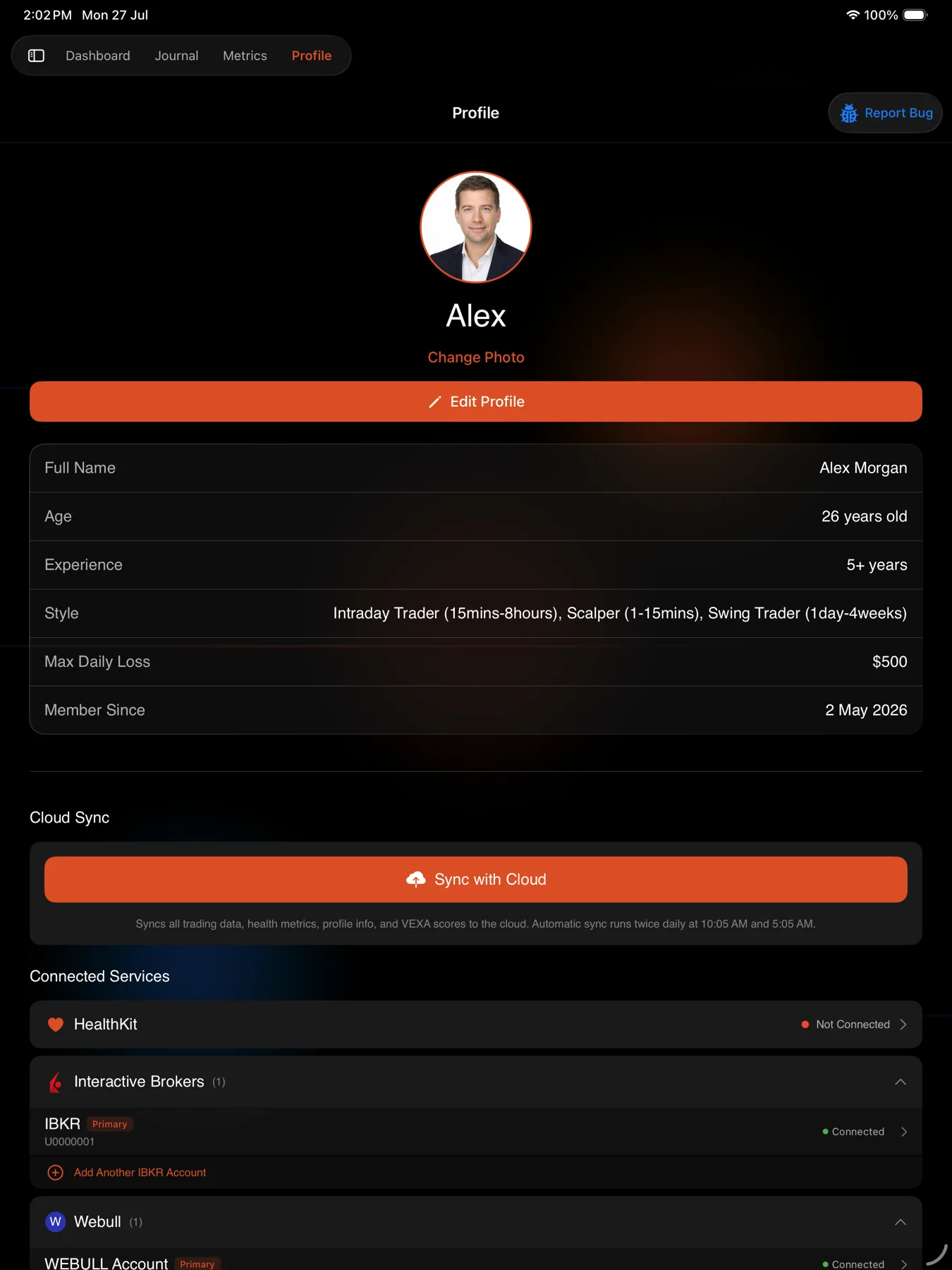 Profile, and the settings section inside it — iPad