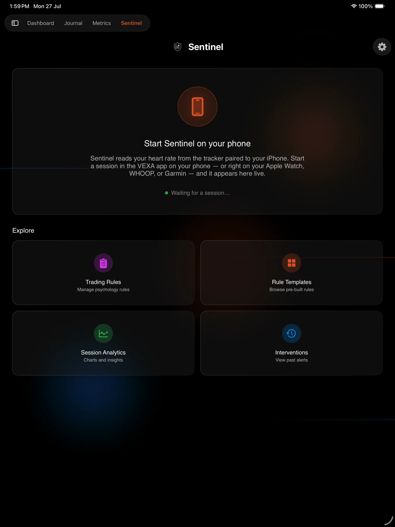 Sentinel, with session state and bio-stress — iPad