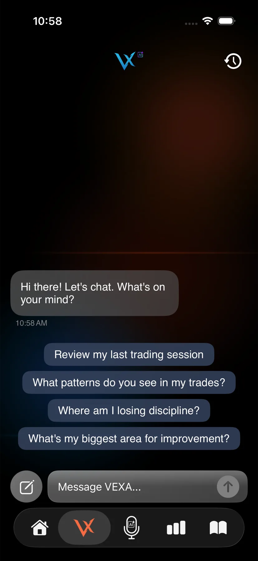 VEXA Chat, answering from your own trades — iPhone