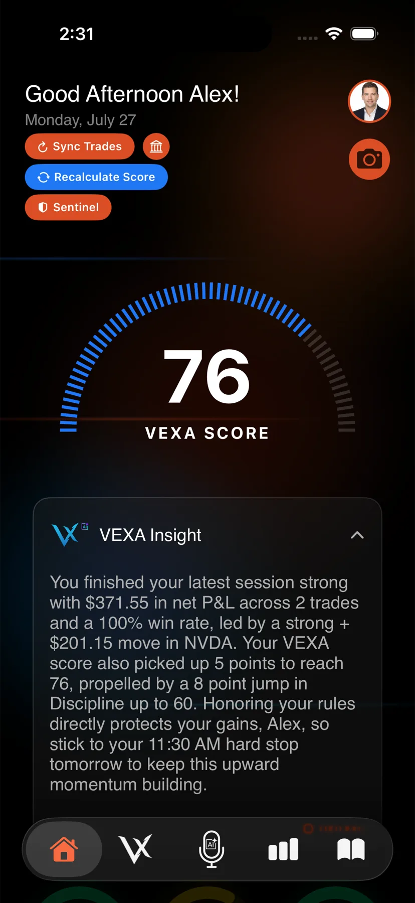The dashboard, with the VEXA Score and today's summary — iPhone