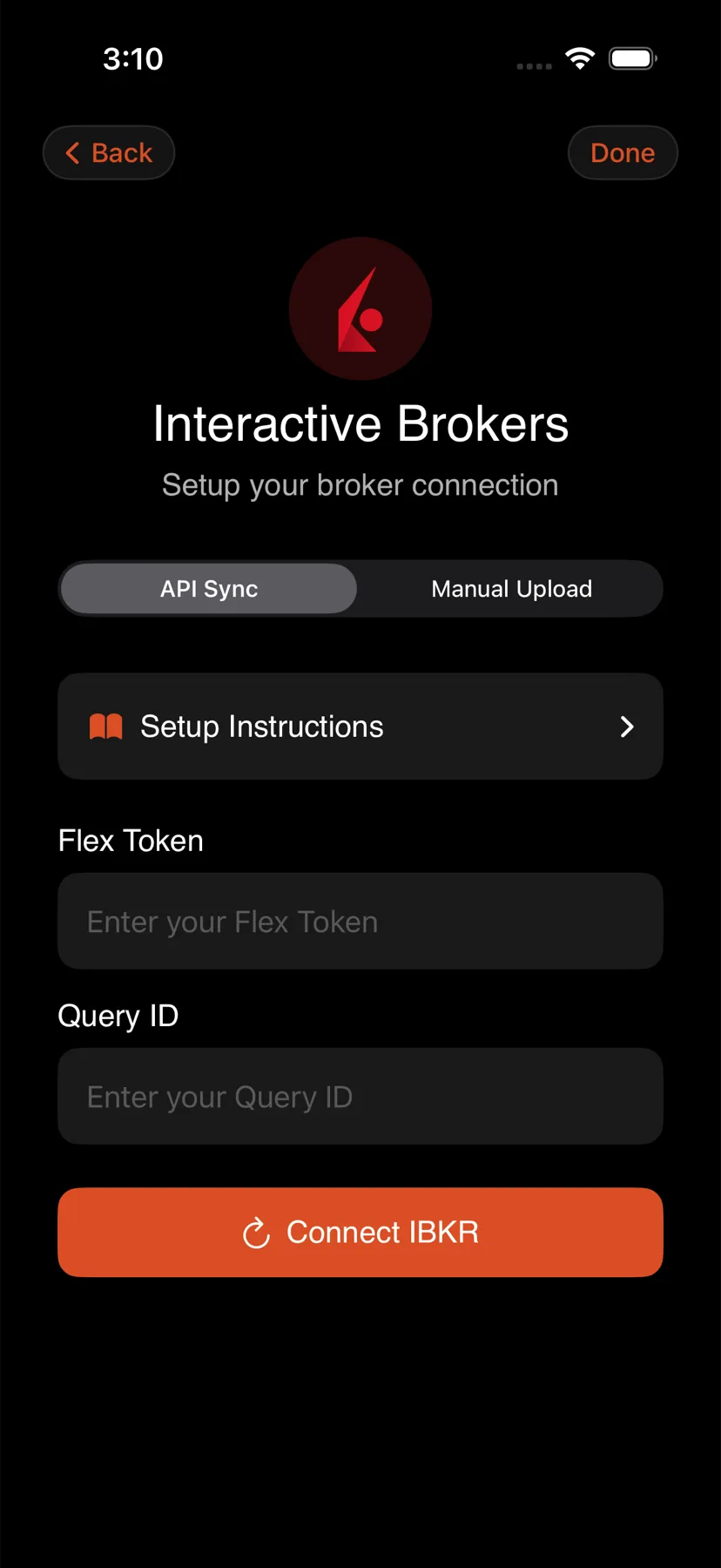 IBKR Flex setup, where the two query types are chosen — iPhone