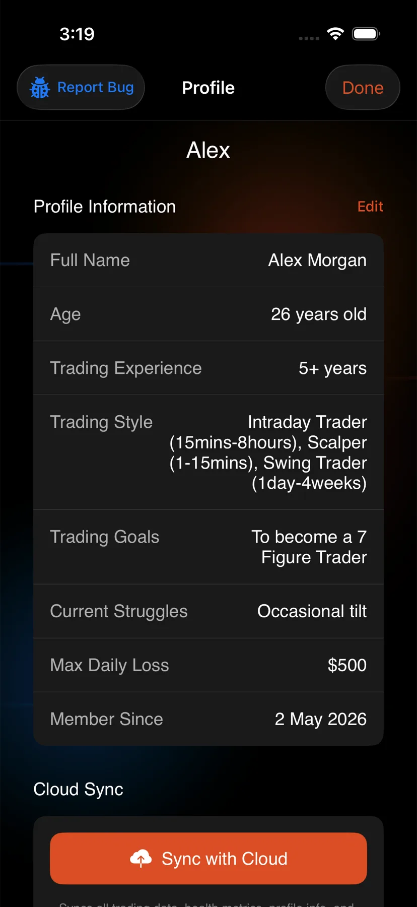 Profile, and the settings section inside it — iPhone