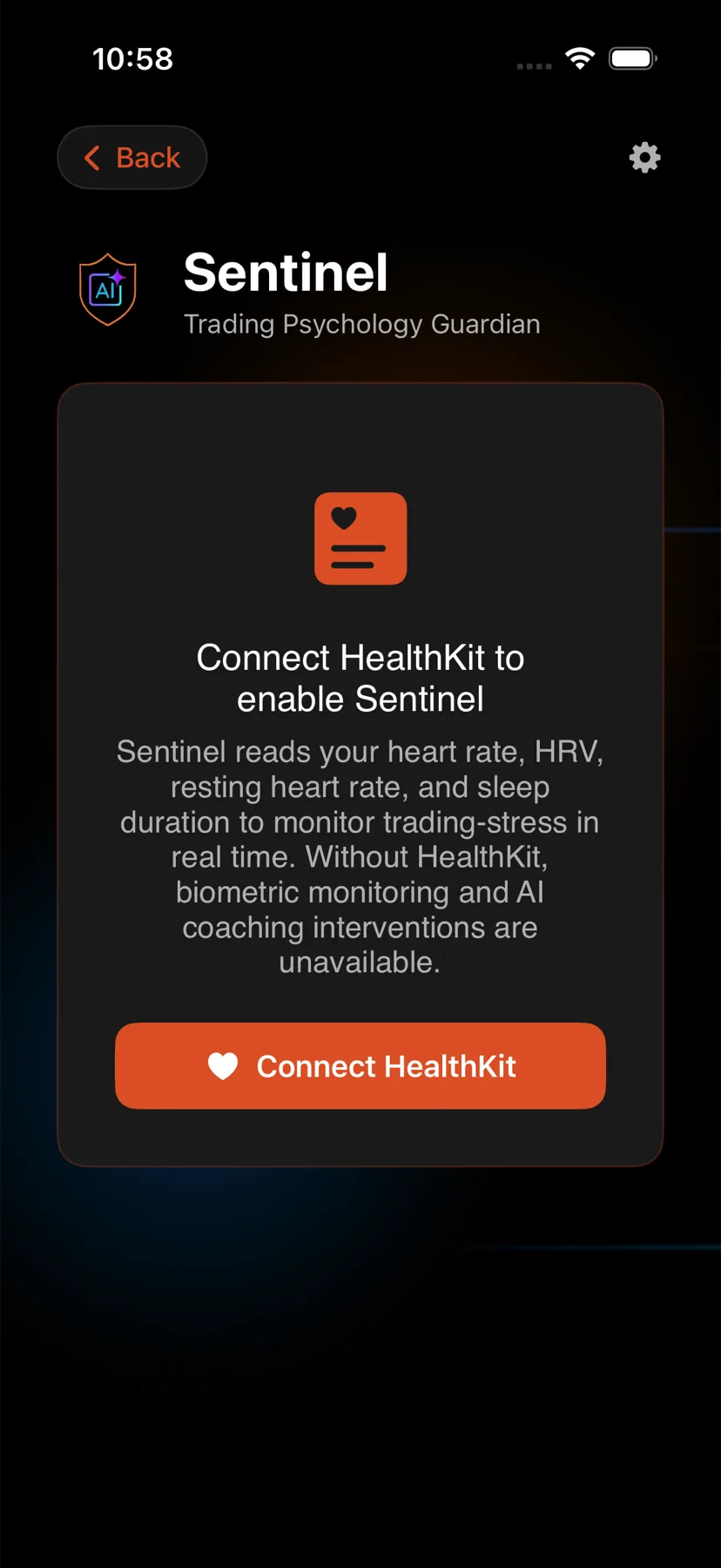 Sentinel, with session state and bio-stress — iPhone