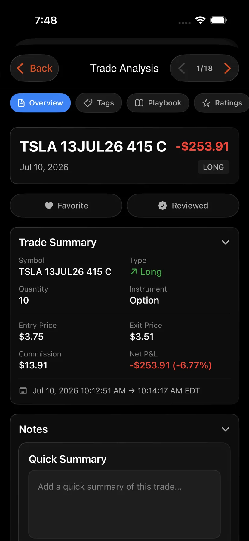 A single trade with its chart and executions — iPhone