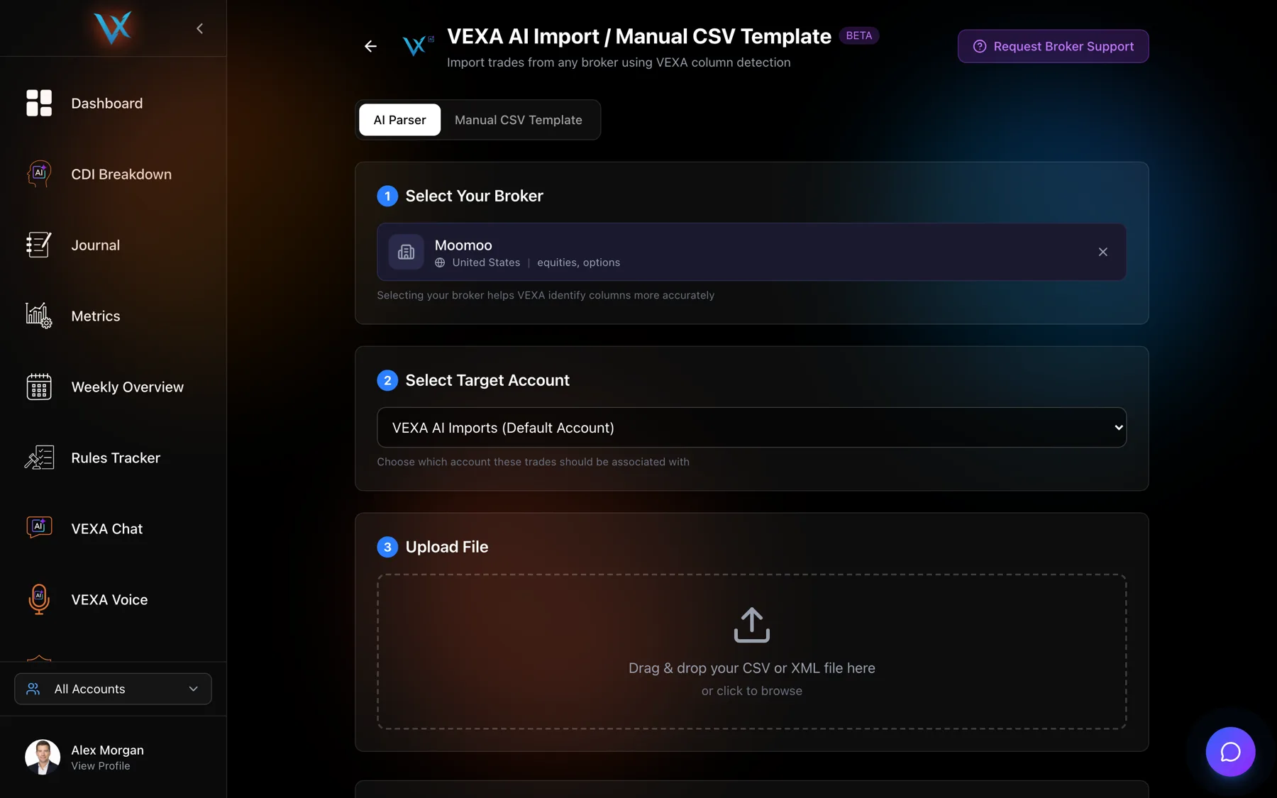 The AI import screen, before a file is chosen — Web
