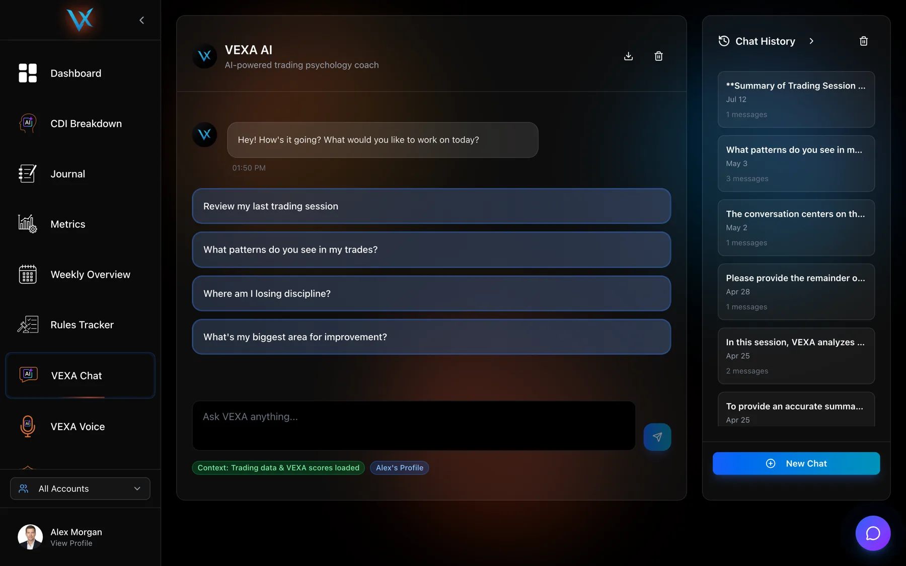 VEXA Chat, answering from your own trades — Web