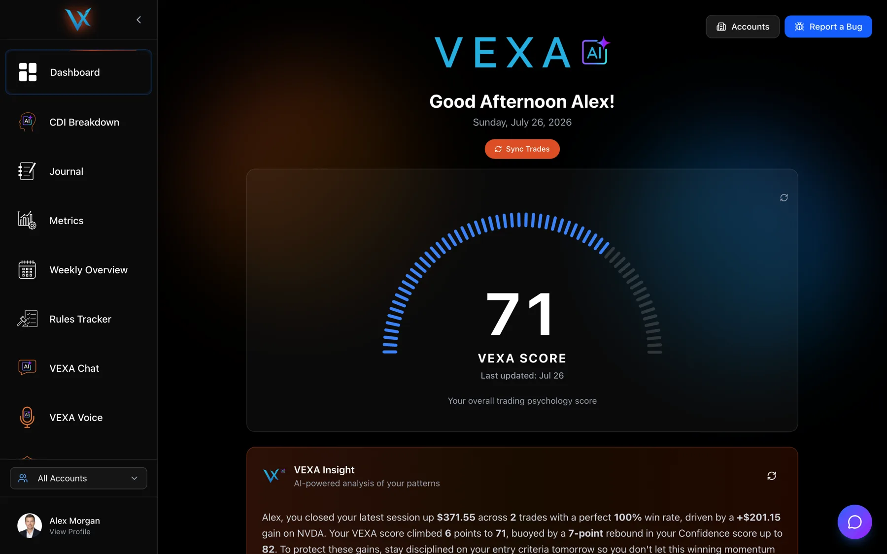 The dashboard, with the VEXA Score and today's summary — Web