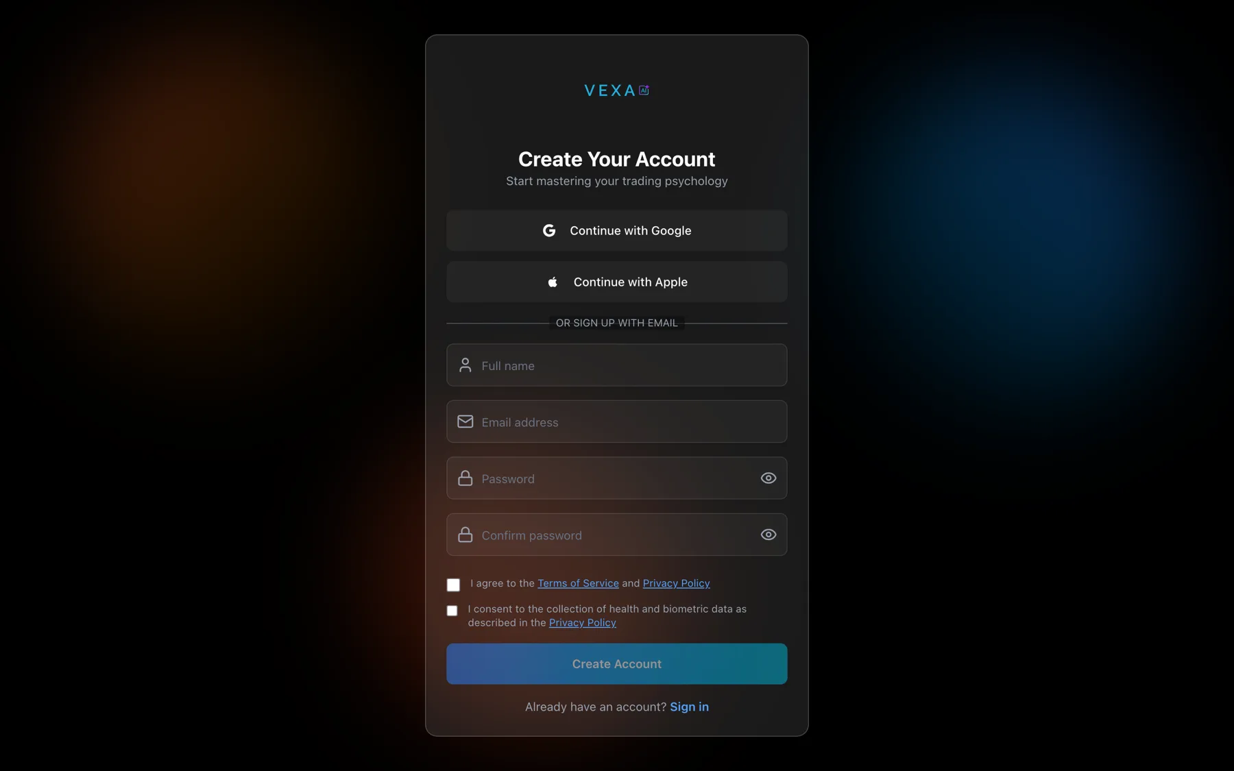 Creating an account — Web